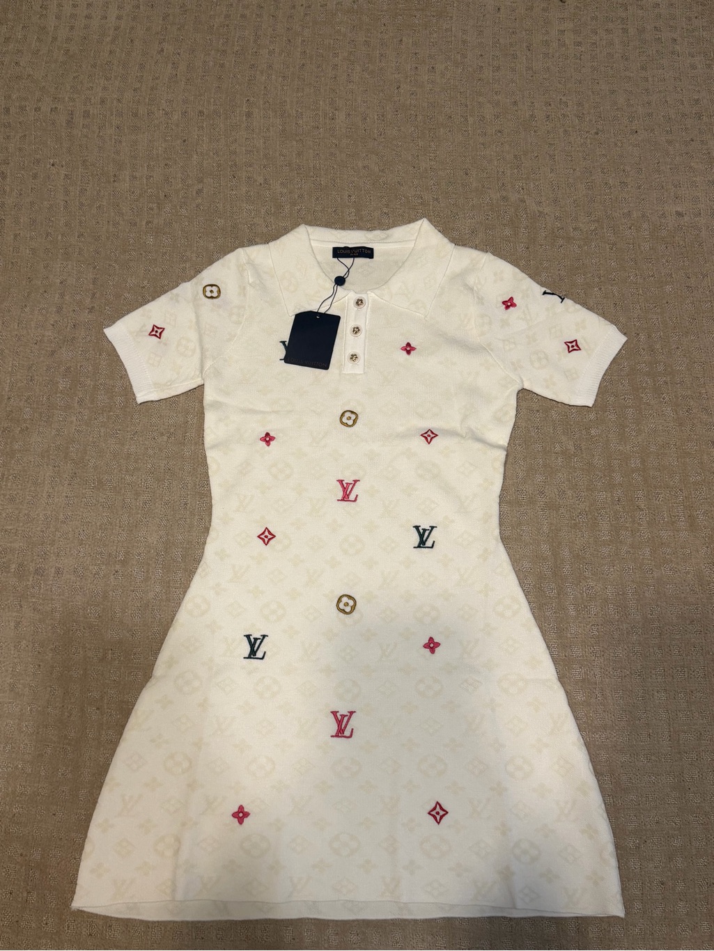 Louis Vuitton Cream Knit Polo Dress With Multicolor Monogram Accents